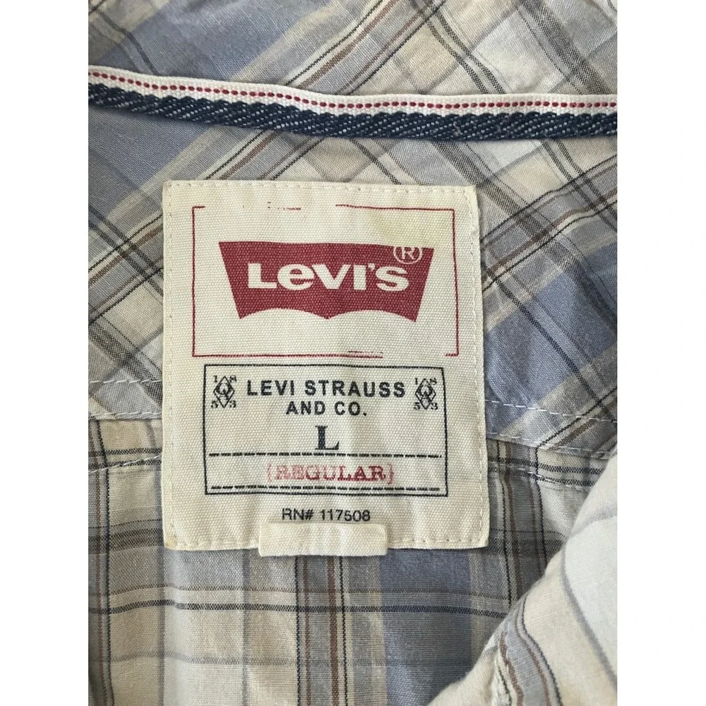 Levis Plaid Snap‎ Button Western Shirt Blue Tan White Long Sleeve Mens L Regular